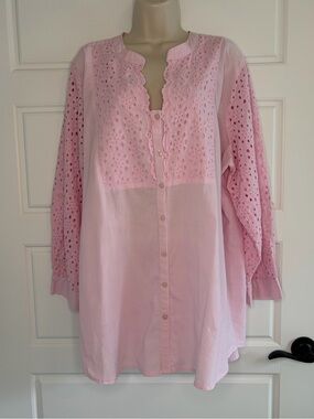 Denim 24/7 100% Cotton Pink Eyelet Puff Sleeve Button Up Shirt Top Size 22W